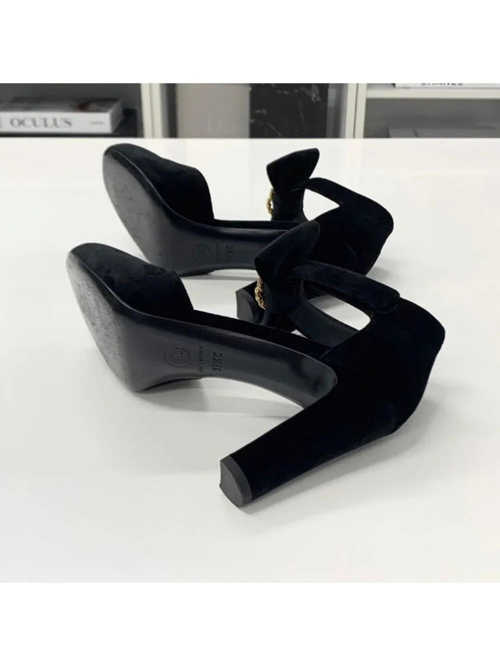 Chanel CC Logo Ribbon Velour Pearl Velcro Strap Pumps Heel